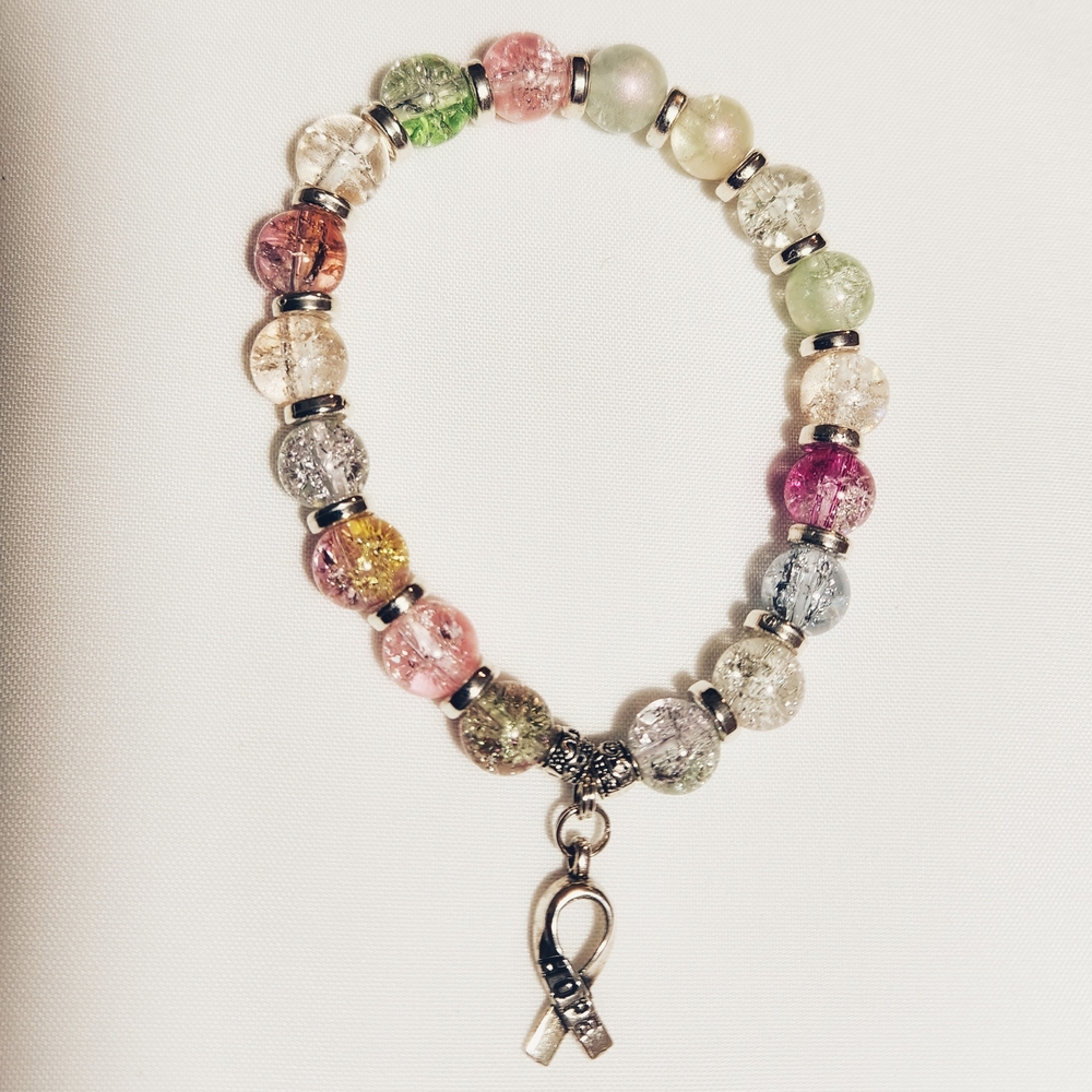 Handmade Multicolor Beaded Stretch Bracelet with "Hope" Ribbon Charm